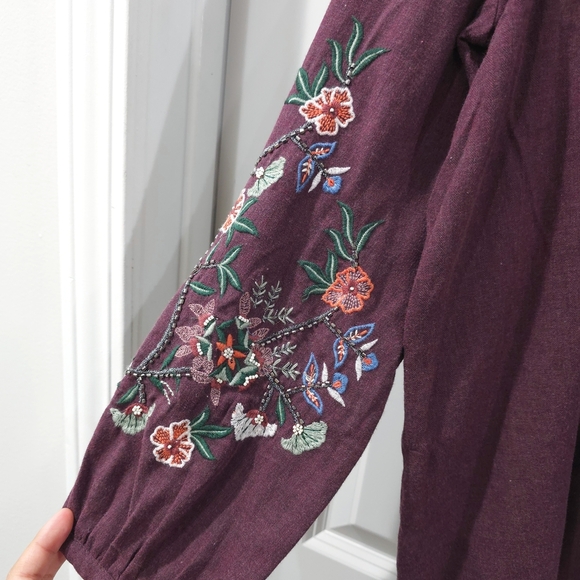 J JILL Boho Chic Plum Long Sleeve Blouse Floral Embroidered Cotton Blend Tunic - Picture 13 of 16
